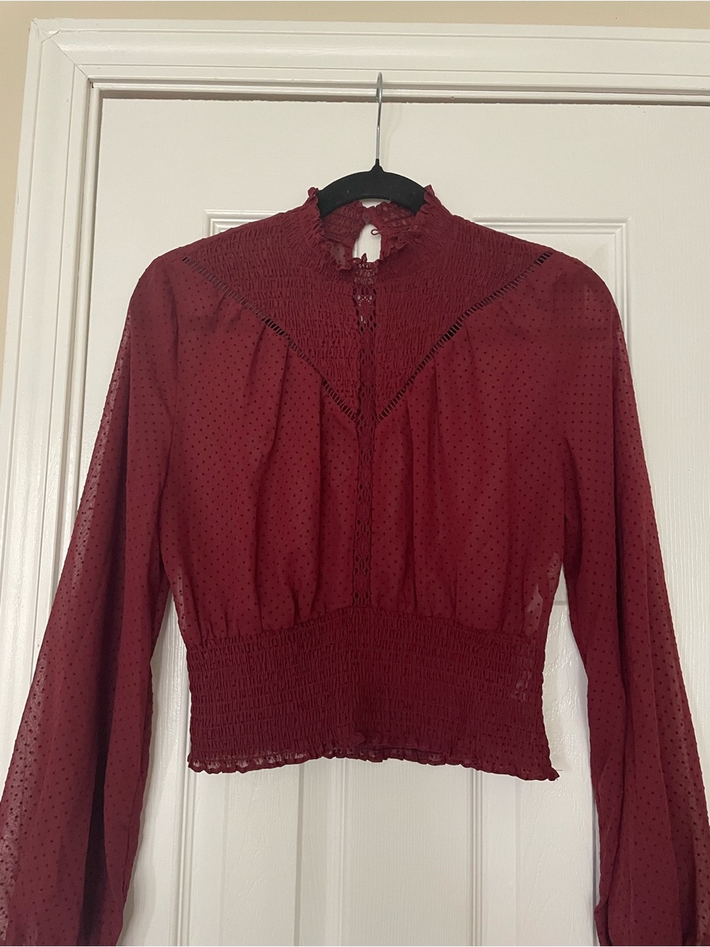 Zara high neck sheer blouse Swiss dot texture smocked detail and long sleeves.